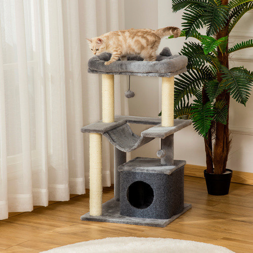PawHut Kratzbaum für Katzen in Grau mit Hängematte, Höhle und Spielzeug, B/T/H: 48 x 48 x 90 cm - Bild 5