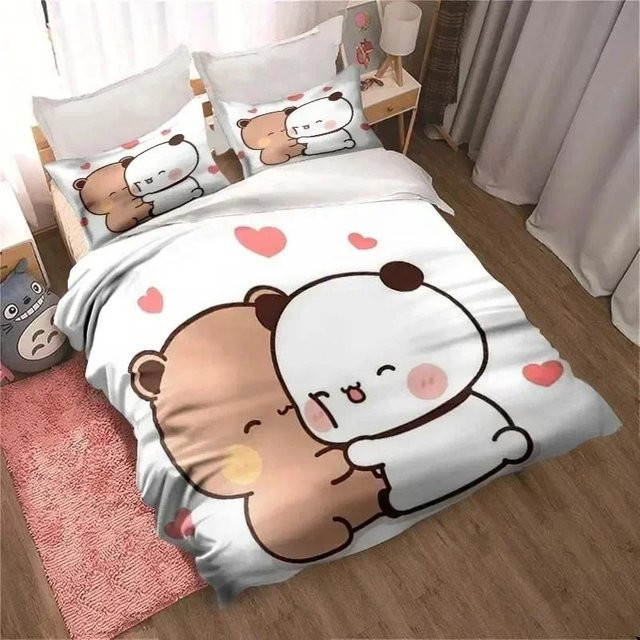 Bubu Dudu Cartoon Bettwäsche-Set mit Bär Motiv, weißes 2-teiliges Set aus Microfaser bestehend aus Bettbezug und Kissenbezug, B/H: 70 x 133 cm - Bild 1