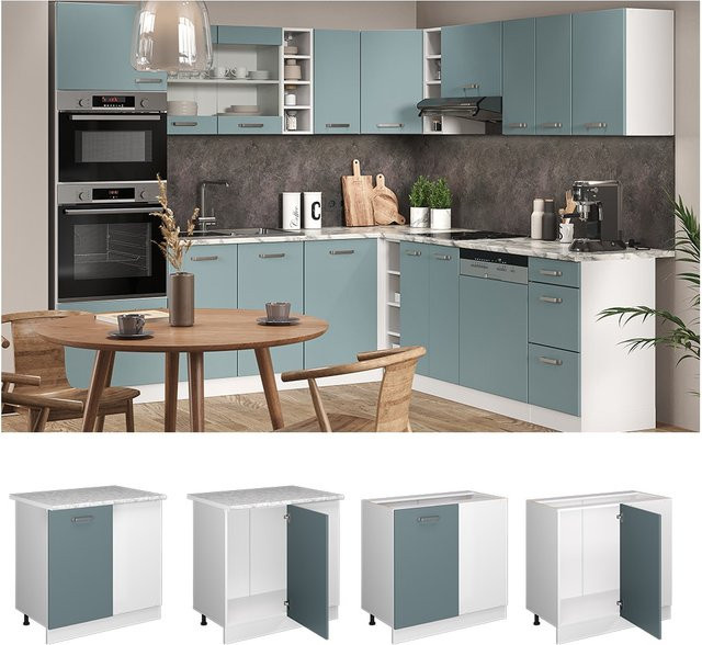 Vicco Eckunterschrank R-Line Küchenschrank in Weiß, Blau und Grau mit Marmor-Optik, Breite: 86 cm - Bild 1