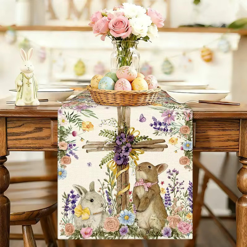 VIKAMA Tischläufer aus Leinen mit Blumenmotiv für Frühling, Sommer und Ostern, Mehrfarbig, B/H: 90,0 x 33,0 cm - Bild 2
