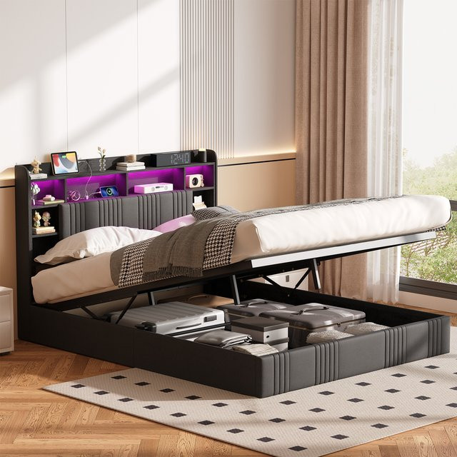 Creahappy Polsterbett mit Hydraulikfunktion und Stauraum, Doppelbett in Grau, B/T: 140 x 200 cm - Bild 1