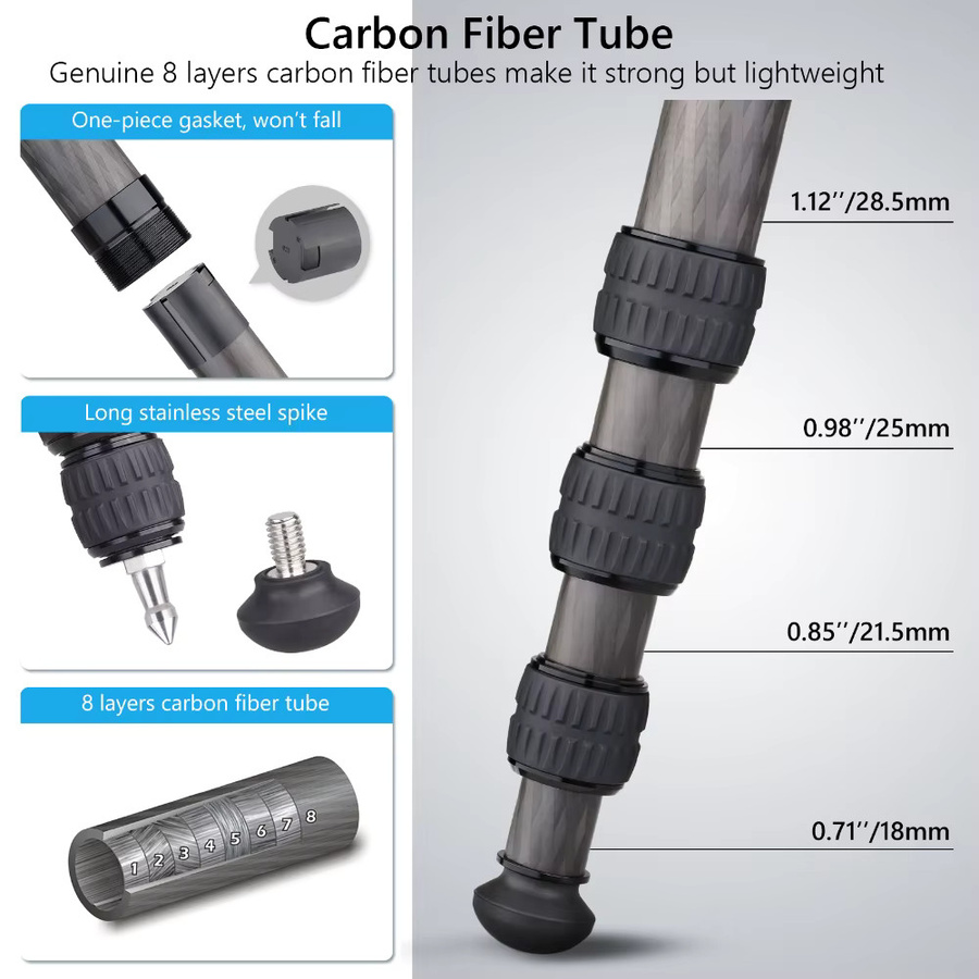 ARTCISE CT70C Carbonfaser-Reisestativ in Schwarz, professionelles DSLR-Stativ mit 29mm Rohr, Belastbarkeit bis 20kg, Höhe: 158 cm - Bild 4