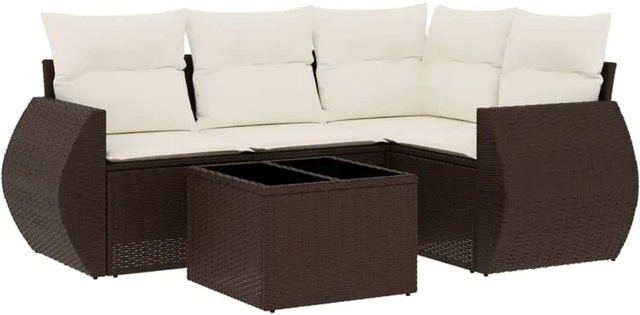 vidaXL 5-tlg. Garten-Sofagarnitur in L-Form aus braunem Polyrattan mit Kissen und Metallrahmen - Bild 1