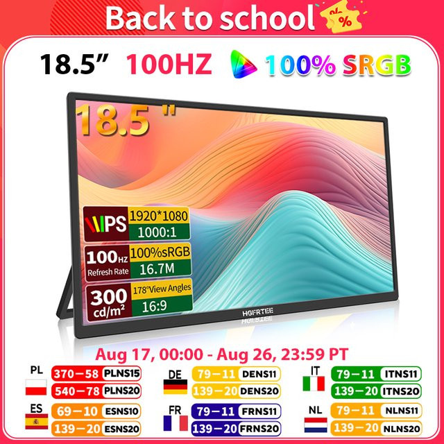 HGFRTEE Tragbarer Monitor 18,5 Zoll mit 100 Hz ADS-IPS Display, Schwarz, mit VESA-Halterung, USB-C und HDMI Anschluss - Bild 1