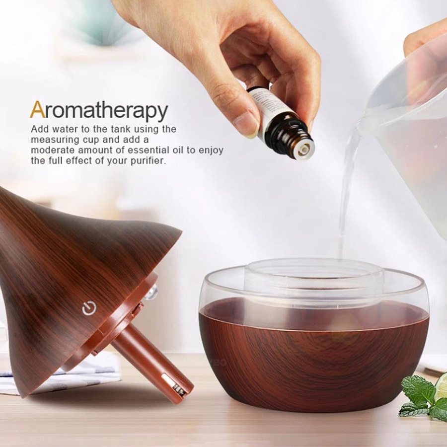 Elektrischer Aroma Luftbefeuchter von KONNWEI mit 300ml Volumen, USB-Betrieb, Kaltnebelgenerator für Aromatherapie in Hellbraun mit Holzoptik - Bild 2