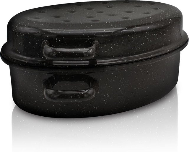 Karl Krüger Emaillierter Gansbräter Oval mit Deckel, Schwarz-Weiß gesprenkelt, B/T/H: 30 x 20 x 10 cm - Bild 1