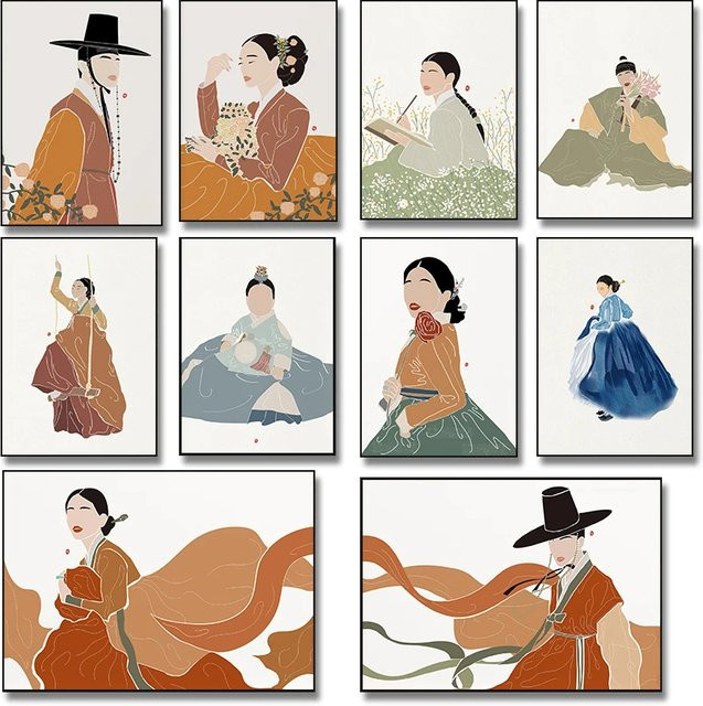 Potdemiel Koreanisches Hanbok Boho Kunstposter als Leinwanddruck, minimalistisches asiatisches Wandbild in Mehrfarbig mit Blumenmotiv - Bild 1