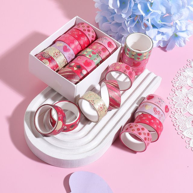 12 Rollen Washi-Tape Valentinstag mit Goldfolie und Blumenherzmuster in Gold und Pink für Journaling und Scrapbooking - Bild 1