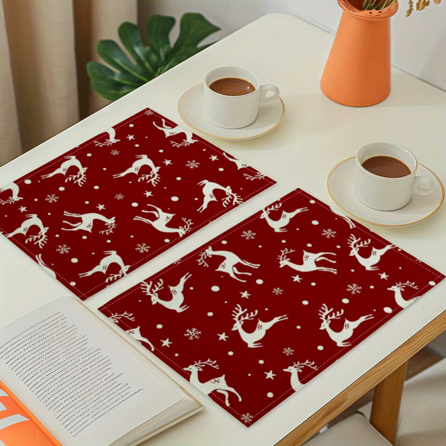 VIKAMA 4er Set Weihnachts Tischsets aus Leinen mit Rentier und Schneeflocken Motiv in Rot - Bild 2