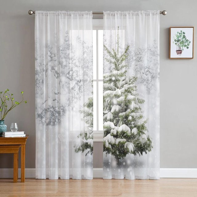 Yiran Furniture Weihnachtsvorhang mit Schneeflocken und Weihnachtskugeln in Weihnachtsrot und Grau, transparenter Voile-Fenstertüll für Wohnzimmer und Küche, Breite: 135 cm, Höhe: 115 cm - Bild 1