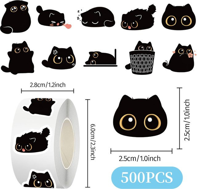 Rspctou Schwarze Katzen-Aufkleber-Rolle, 500 Stück - Bild 1