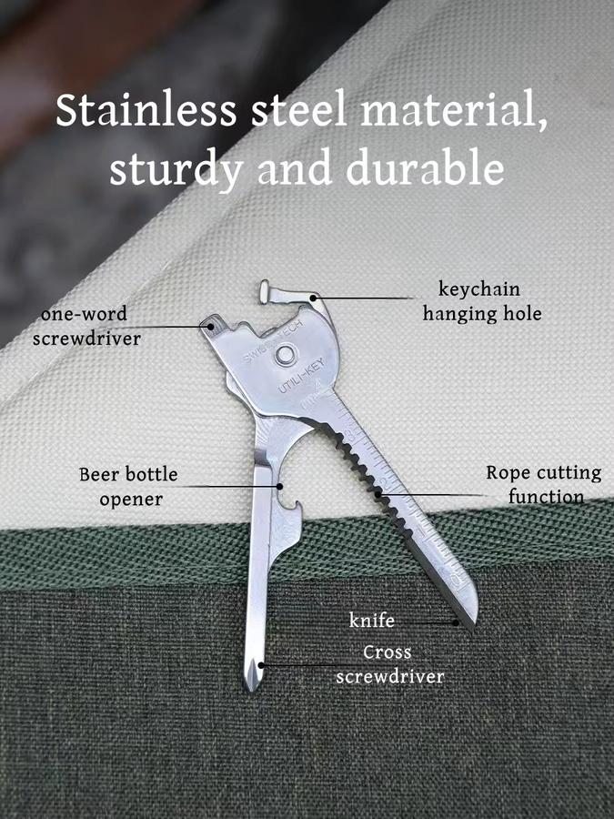 6in1 Mini Multitool aus Edelstahl in Silber mit Messer, Werkzeug, Skala und Schlüsselanhänger - Bild 2