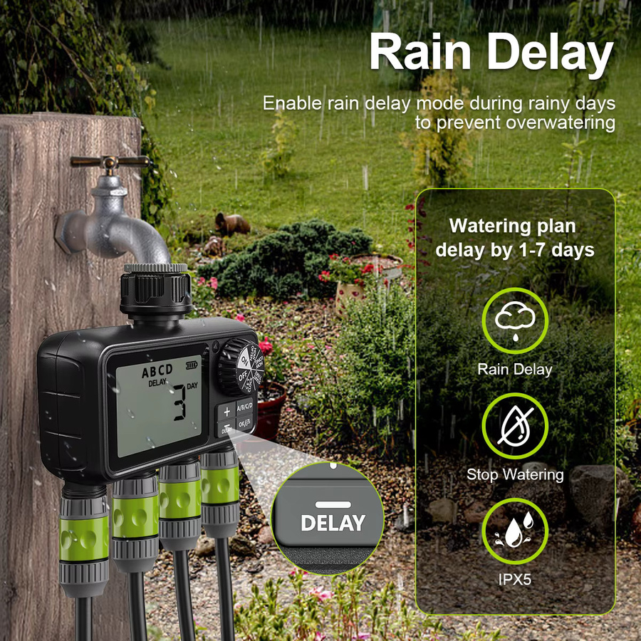 Eshico Digitaler Bewässerungstimer HCT-M09 in Schwarz mit 4-Zonen-Ausgang, IPX5 Wasserdichtigkeit und Regenverzögerung für die automatische Großflächenbewässerung - Bild 3
