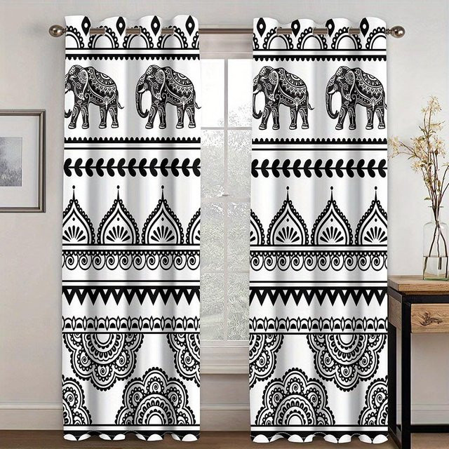 Yiran Furniture Boho Vorhänge mit Elefantenmuster und Mandala-Design, 2er-Set, Mehrfarbig, Breite: 65 cm, Höhe: 60 cm - Bild 1