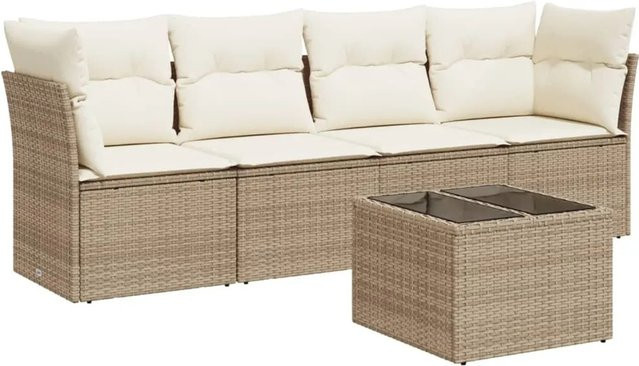 vidaXL 5-tlg Garten-Sofagarnitur aus Poly Rattan mit Kissen in Beige und Cremeweiß - Bild 1