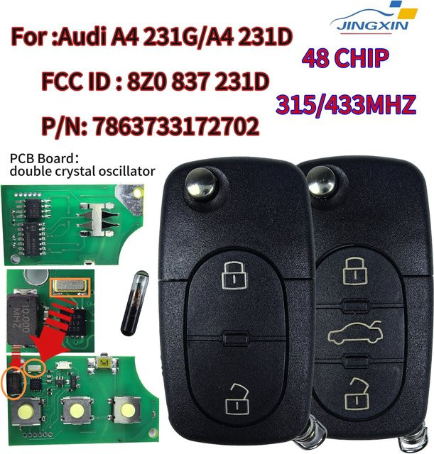 Jingxin Ersatz Autoschlüssel PCB Board ID48 Chip 315/433 MHz für Audi A4 231G und Audi A4 231D Flip - Bild 1