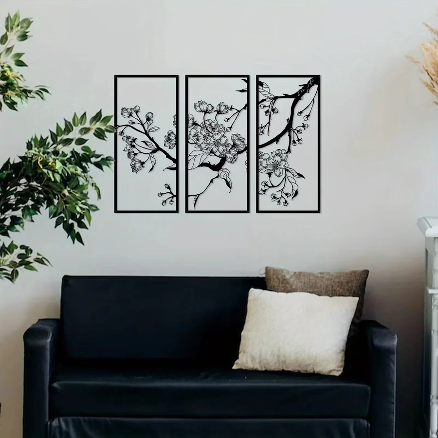 DDPNKL Wanddekoration mit Pfirsichblüten-Motiv aus schwarzem Metall, quadratische Wandkunst mit floralem Design - Bild 2
