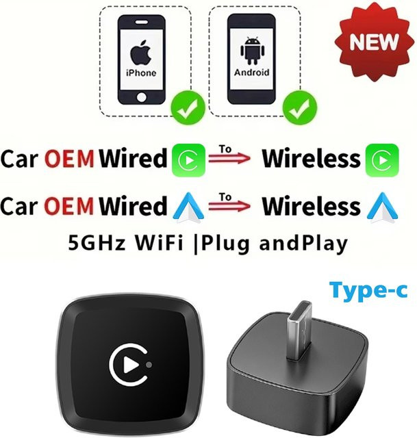 EzoneTronics 2-in-1 Wireless CarPlay und Android Auto Adapter, Schwarz - Bild 1