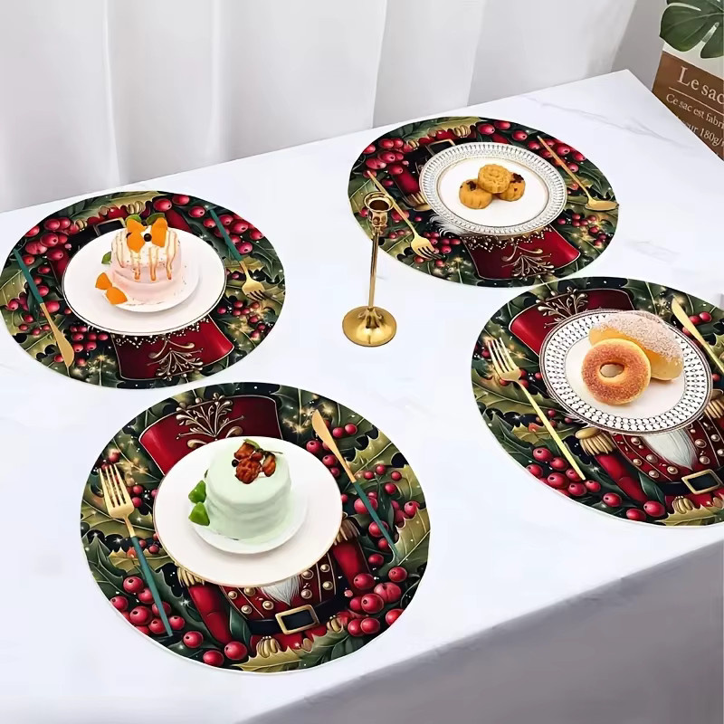 VIKAMA 4er Set Weihnachts-Tischsets mit Nussknacker- und Holly-Berry-Print in Rot, runde festliche Tischdekoration - Bild 2