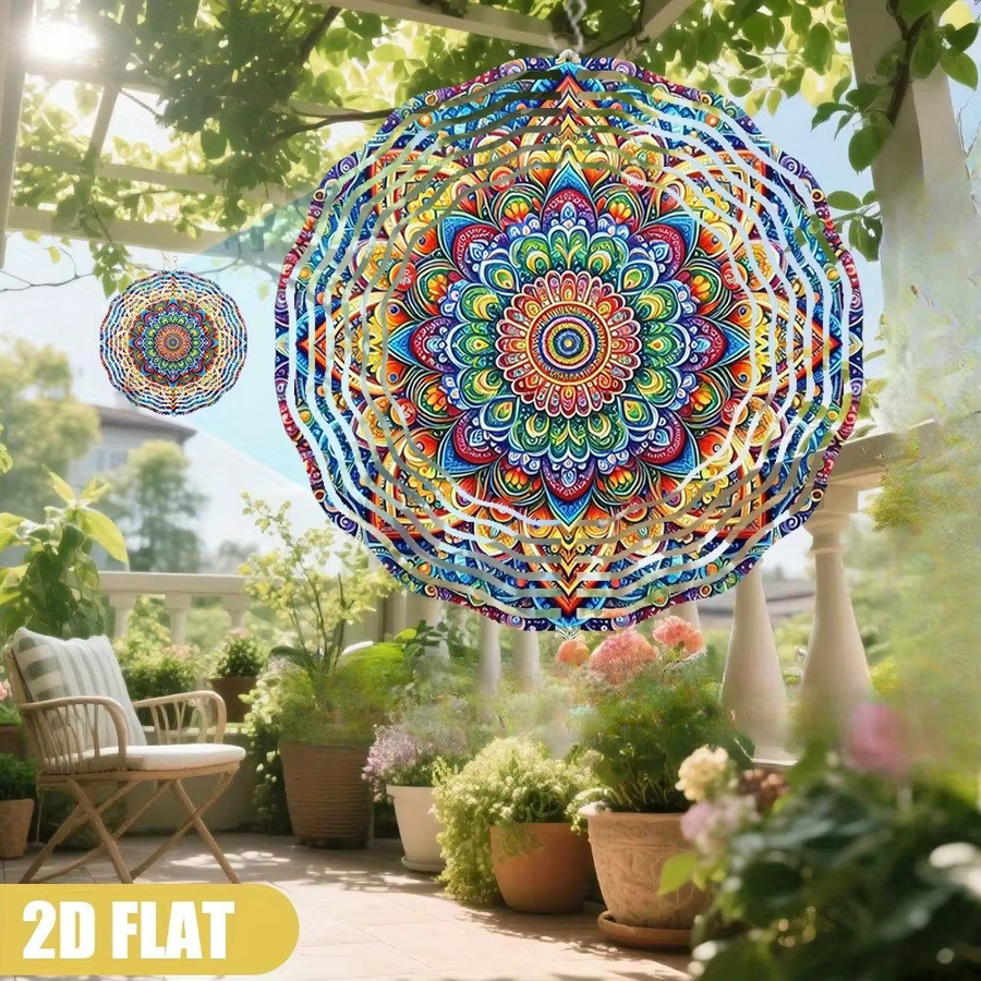 CIFBUY Rotierender Windspinner mit Mandala-Muster in Weiß und Multicolour, 25,4 cm Durchmesser, Hängende Gartendekoration aus Metall mit geometrischem Design - Bild 2