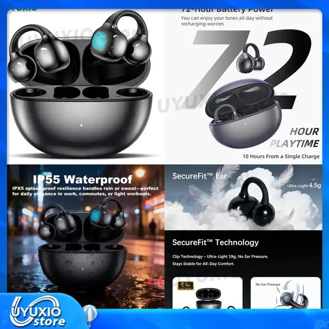 UYUXIO BT 5.4 Clip-On Kabellose Open-Ear-Ohrhörer OWS Earbuds in Schwarz mit 50 Stunden Akkulaufzeit - Bild 1
