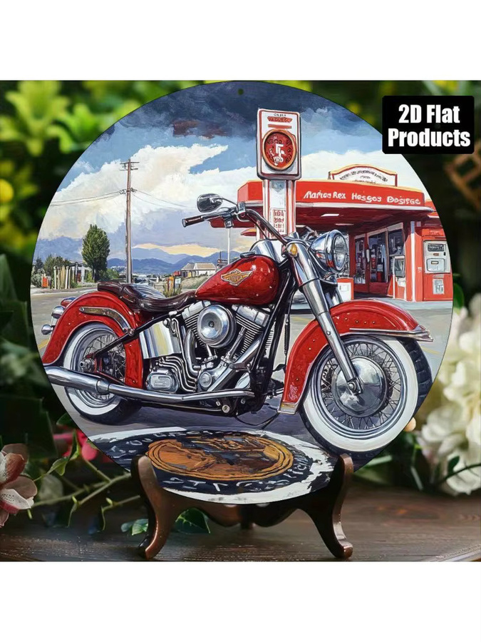 Potdemiel Davidson Motorrad & Vintage Tankstelle Aluminium Wandkunst, rundes Retro-Americana-Dekor aus Metall, Mehrfarbig, Durchmesser: 20,32 cm - Bild 7