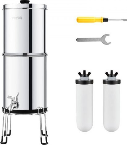 VEVOR Schwerkraft Wasserfiltersystem aus Edelstahl in Silber mit 2 Keramik-Kohlefiltern und Zapfhahn, Fassungsvermögen 7,8 + 8,5 l - Bild 1