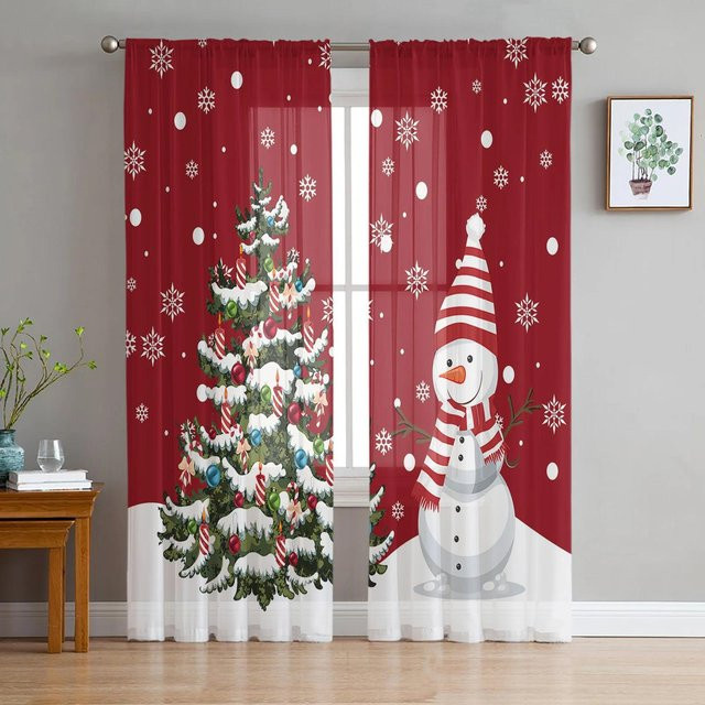 Transparente Tüll-Vorhänge mit Schneemann und Schneeflocken-Motiv für die Weihnachtsdekoration, Farbe: Braun/Rot, Breite: 135 cm, Höhe: 115 cm - Bild 1