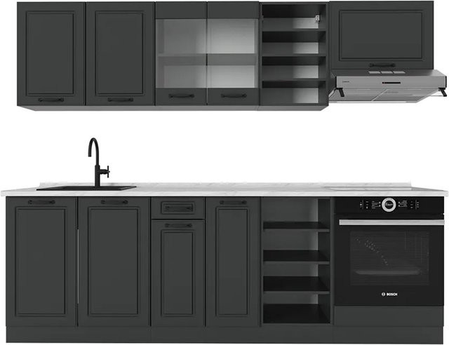 Vicco R-Line Küchenzeile Landhausstil in Anthrazit und Weiß mit Marmor-Optik, Breite: 240 cm - Bild 1