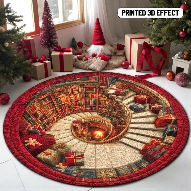 Runder Weihnachts-Teppich mit 3D-Bücherregal-Design, Festliche Bodenmatte mit Geschenken und Tannenbaum, Durchmesser: 40 cm - Bild 2