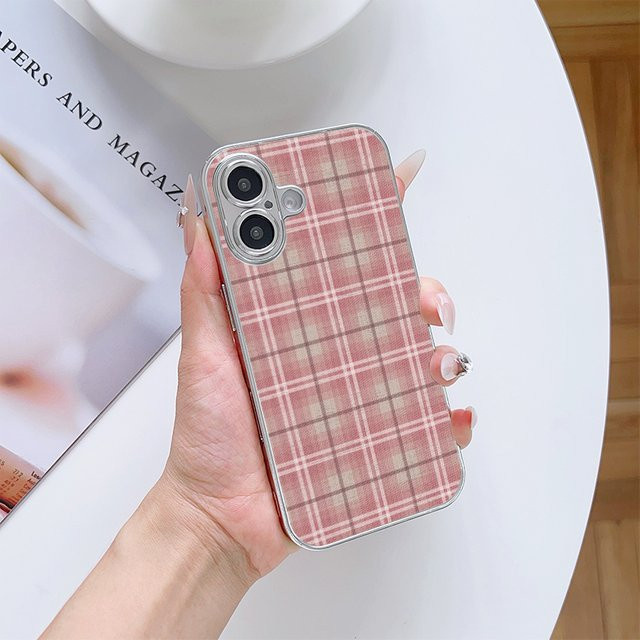 AIR PLUS Handyhülle mit Karomuster aus galvanisiertem Glas für Apple iPhone 11 bis 17 Pro Max in Pink und Silber - Bild 1