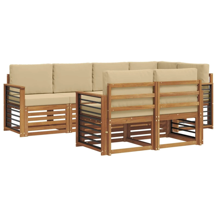 vidaXL Sofagarnitur 7-teilig aus Massivholz Akazie in Natur und Beige mit L-Form und Polsterkissen - Bild 2