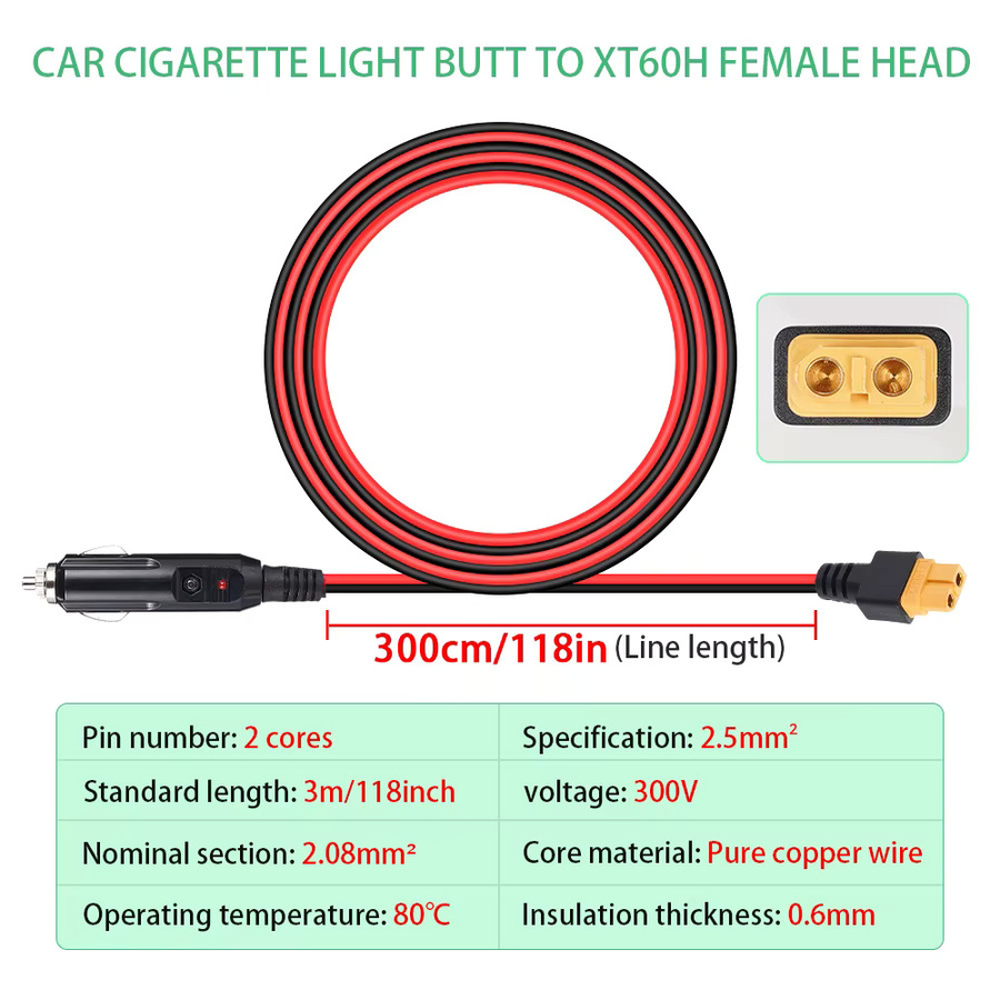 Hormy XT60 14AWG Autostecker-Verlängerungskabel mit Zigarettenanzünder-Stecker, 3 m langes Autoladegerät und Adapterkabel für Solargeneratoren - Bild 4