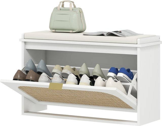HOMCOM Schuhablagebank in Weiß mit Rattan-Tür und gepolsterter Sitzfläche im Bohemien-Stil, B/T/H: 80 x 26 x 47,5 cm - Bild 1