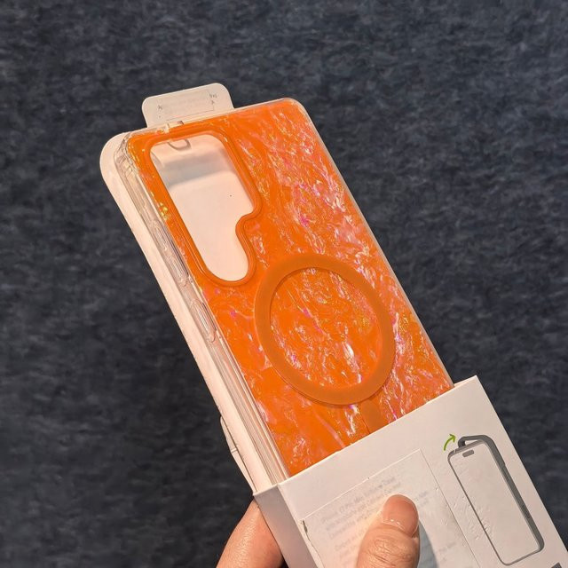 Luxuriöse MagSafe Handyhülle mit Aurora-Shell-Textur für Samsung Galaxy S26 S25 S24 Plus Ultra FE in Gold und Orange mit magnetischer kabelloser Ladefunktion - Bild 1
