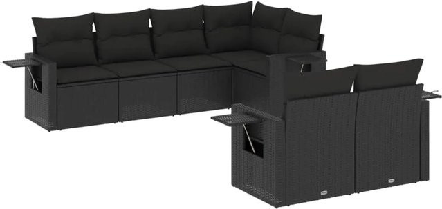vidaXL 7-tlg. Garten-Sofagarnitur in L-Form aus Poly-Rattan mit Kissen, Schwarz - Bild 1