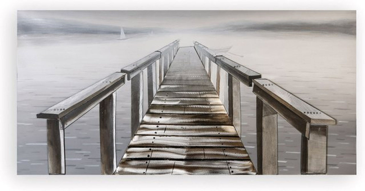 Gilde Leinwand Bild Bootssteg in Grau, Maritimes Landschaftsmotiv im Querformat, Breite: 150 cm, Höhe: 75 cm - Bild 1