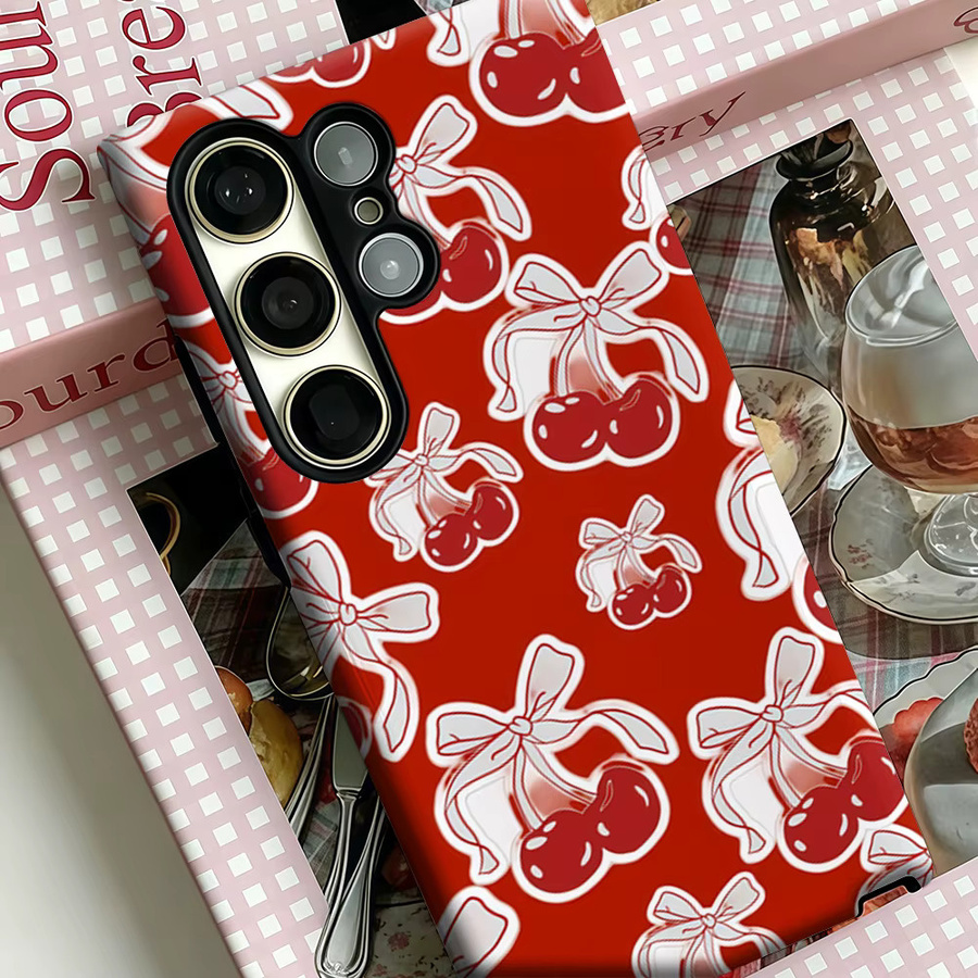 Stoßfeste Doppelschicht Handyhülle mit rotem Kirsch-Schleifen-Design für Samsung Galaxy S25 Ultra, S24, S23 Ultra und Plus - Bild 4