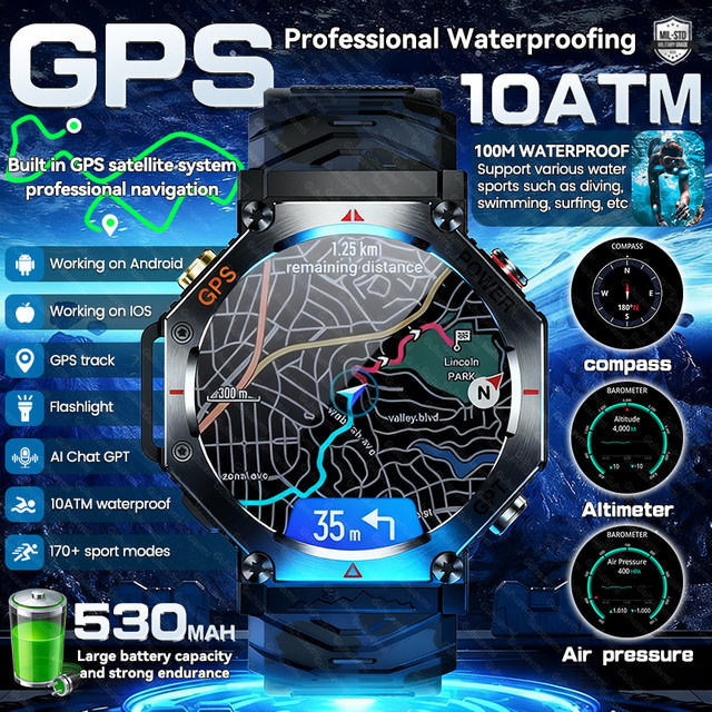 GUHUAVMI X-Sport Smartwatch für Erwachsene in Schwarz mit GPS, Kompass, Höhenmesser, 10ATM Wasserdichtigkeit und Bluetooth-Anruffunktion - Bild 1