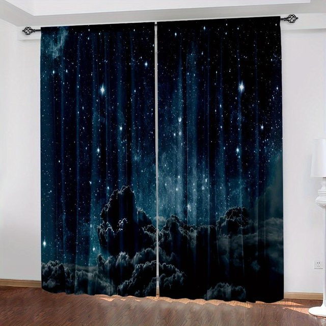 Yiran Furniture Galaxy Sterne Vorhänge, 2er-Set Blau, halbtransparent, Polyester, Breite: 110 cm, Höhe: 240 cm - Bild 1