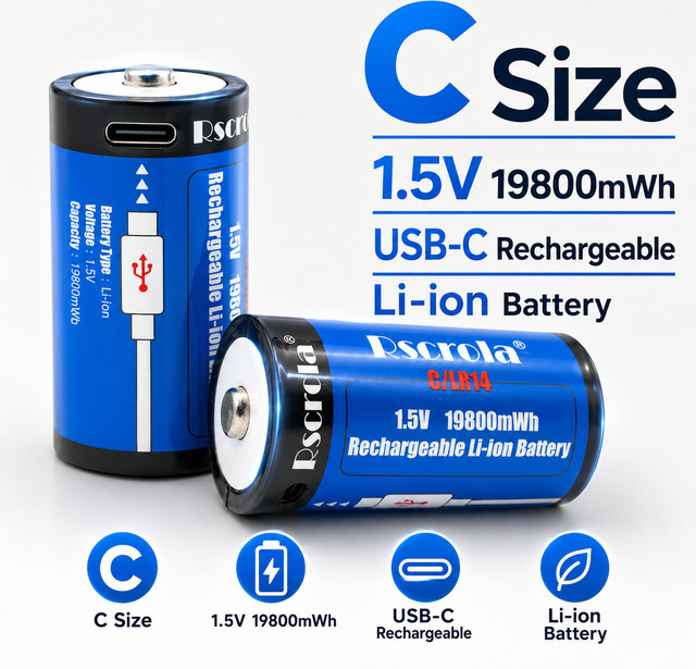 Rscrola Wiederaufladbare Li-Ionen-Batterie Größe C LR14 mit USB-C Ladeanschluss, Blau - Bild 1