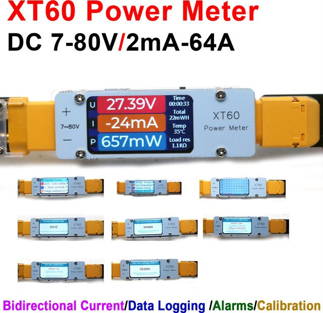 Dykbcells 64A DC XT60 Leistungsmesser mit bidirektionalem Strom-Spannungs-Temperatur-Alarm für 12V bis 72V BMS RC Drohnen-Akku-Ladegerät und Entladegerät - Bild 1