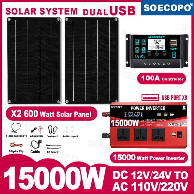 SOECOPO Tragbares Photovoltaik-Kit 15000 W mit 2 x 600 W Solarmodulen, DC 110 V/220 V Wechselrichter und 100 A Controller in Schwarz für dein Campinghaus - Bild 1