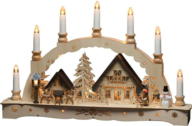 Konstsmide Holzsilhouette mit sieben Leuchtkerzen in Beige und Weiß für Advent und Weihnachten - Bild 1