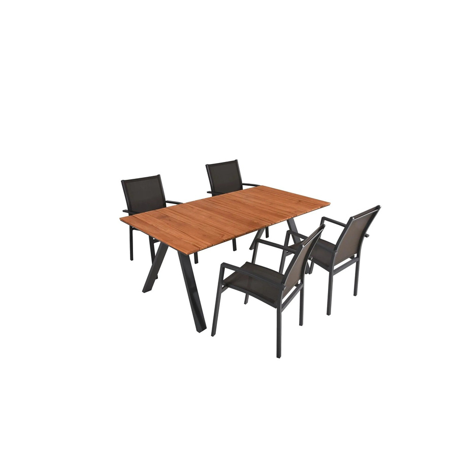 DELUKE Garten-Sitzgruppe GEORG 5-teilig aus Teakholz in Dunkelgrau mit Esstisch und Stapelstühlen - Bild 2
