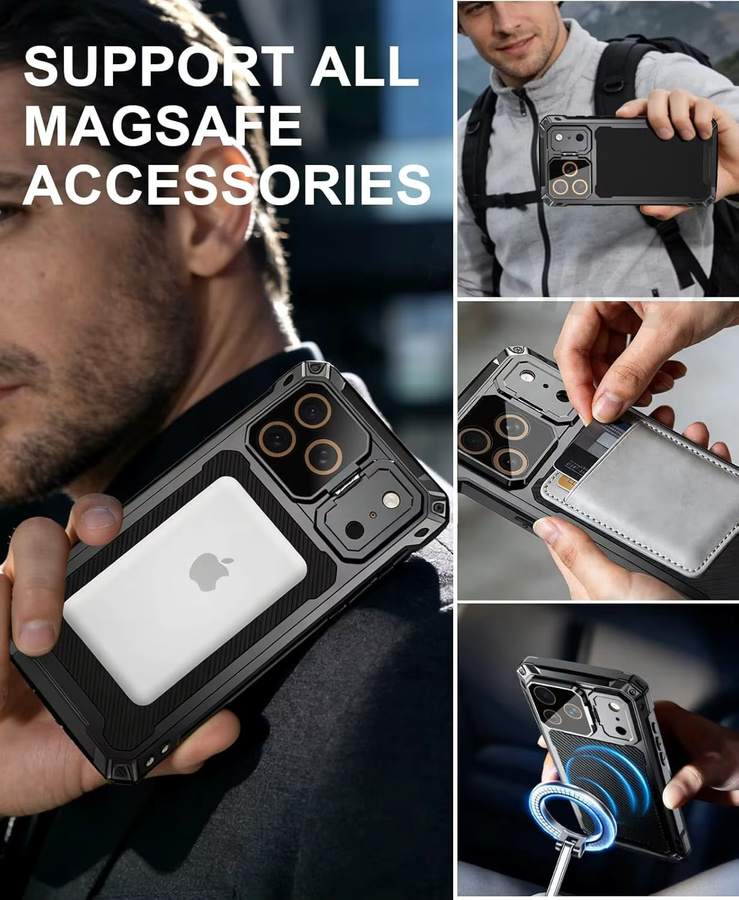 Huikai Stoßfeste iPhone 17 Pro Max Hülle in Schwarz mit Bildschirm- und Kameralinsenschutz sowie Aluminium-Ständer - Bild 4