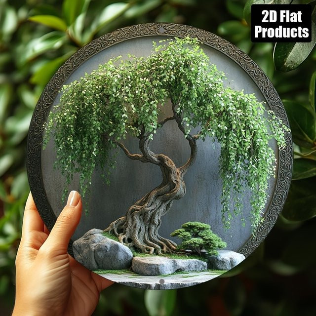 Potdemiel Aluminium-Wandkunst Rund mit Bonsai-Baum, Felsen und Moos in Grün - Bild 1