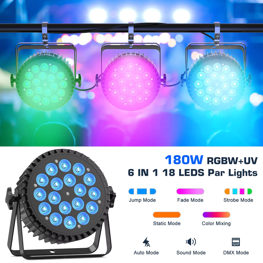 2 Stück Carinamoba RGBW LED Par Bühnenbeleuchtung mit 18 LED und 180W, DMX512-Steuerung, Schwarz - Bild 2