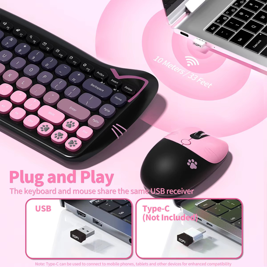 GEEZER Kabellose Tastatur-Maus-Kombination mit Katzenohren im Retro-Design, Rosa-Schwarz, Runde Tastenkappen, US QWERTY-Layout, Bluetooth - Bild 2