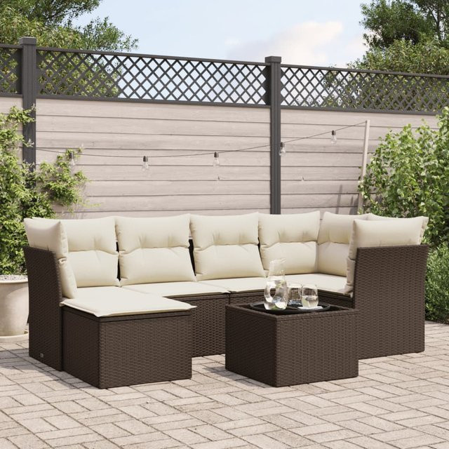 vidaXL 7-tlg. Garten-Sitzgruppe in L-Form aus Polyrattan mit Kissen, Braun - Bild 3